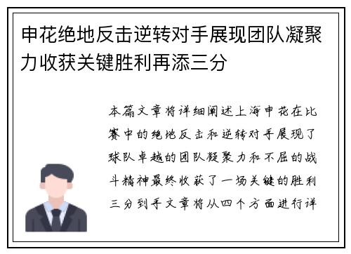 申花绝地反击逆转对手展现团队凝聚力收获关键胜利再添三分