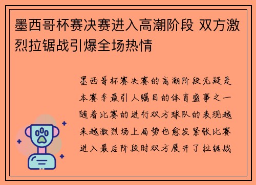 墨西哥杯赛决赛进入高潮阶段 双方激烈拉锯战引爆全场热情