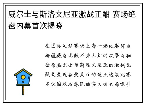 威尔士与斯洛文尼亚激战正酣 赛场绝密内幕首次揭晓