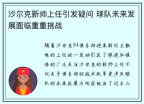 沙尔克新帅上任引发疑问 球队未来发展面临重重挑战