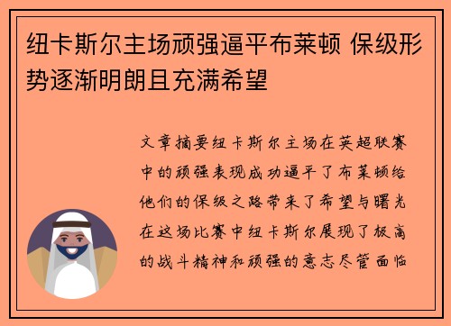 纽卡斯尔主场顽强逼平布莱顿 保级形势逐渐明朗且充满希望