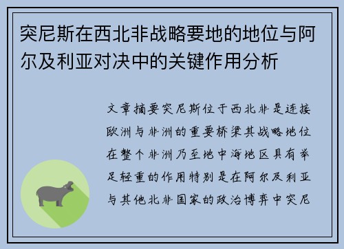 突尼斯在西北非战略要地的地位与阿尔及利亚对决中的关键作用分析