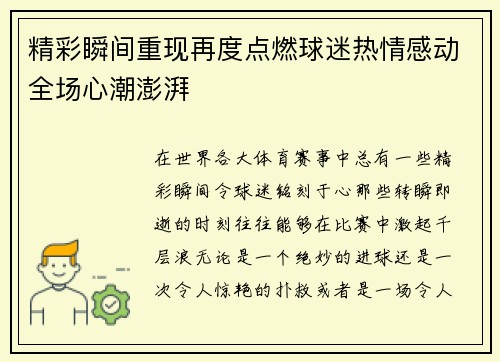 精彩瞬间重现再度点燃球迷热情感动全场心潮澎湃