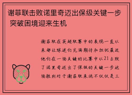 谢菲联击败诺里奇迈出保级关键一步 突破困境迎来生机