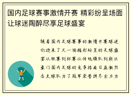 国内足球赛事激情开赛 精彩纷呈场面让球迷陶醉尽享足球盛宴