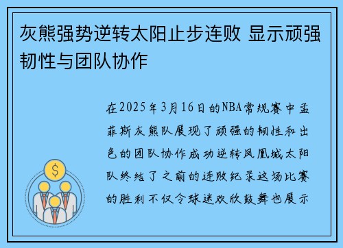 灰熊强势逆转太阳止步连败 显示顽强韧性与团队协作