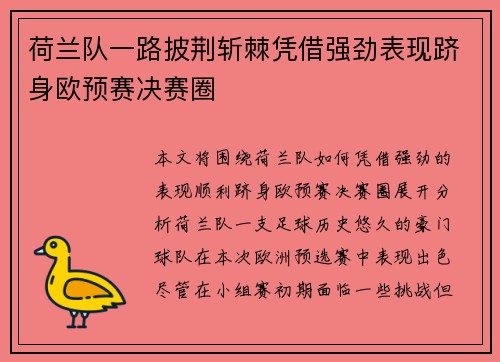 荷兰队一路披荆斩棘凭借强劲表现跻身欧预赛决赛圈