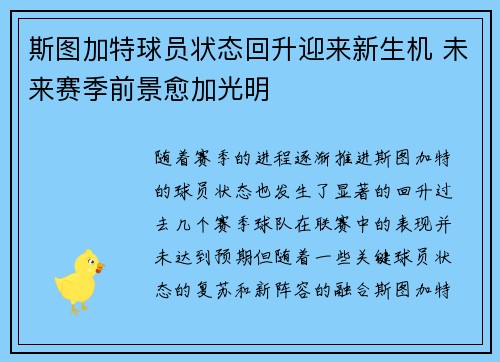 斯图加特球员状态回升迎来新生机 未来赛季前景愈加光明
